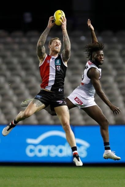 Tim Membrey of the Saints marks the ball during the round 18 AFL match between St Kilda Saints and Port Adelaide Power at Marvel Stadium on July 17,...