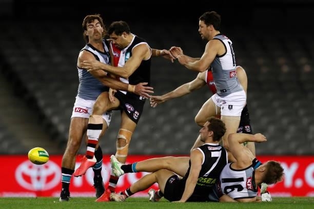 Paddy Ryder of the Saints kicks the ball during the round 18 AFL match between St Kilda Saints and Port Adelaide Power at Marvel Stadium on July 17,...