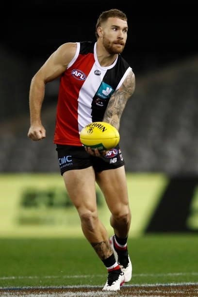 Dean Kent of the Saints handballs during the round 18 AFL match between St Kilda Saints and Port Adelaide Power at Marvel Stadium on July 17, 2021 in...