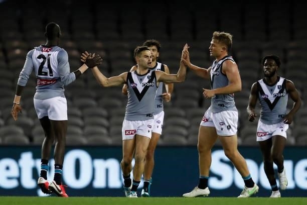Karl Amon of the Power celebrates a goal during the round 18 AFL match between St Kilda Saints and Port Adelaide Power at Marvel Stadium on July 17,...