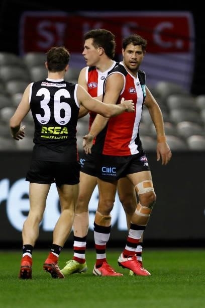 Paddy Ryder of the Saints celebrates a goal during the round 18 AFL match between St Kilda Saints and Port Adelaide Power at Marvel Stadium on July...