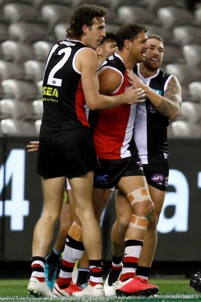 Paddy Ryder of the Saints celebrates a goal during the round 18 AFL match between St Kilda Saints and Port Adelaide Power at Marvel Stadium on July...