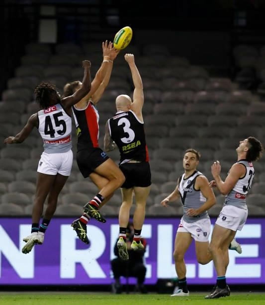 Ben Long of the Saints marks the ball during the round 18 AFL match between St Kilda Saints and Port Adelaide Power at Marvel Stadium on July 17,...