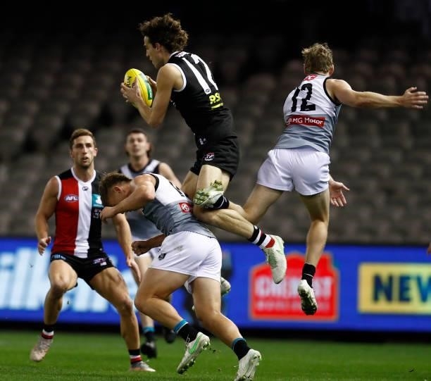 Max King of the Saints marks the ball during the round 18 AFL match between St Kilda Saints and Port Adelaide Power at Marvel Stadium on July 17,...