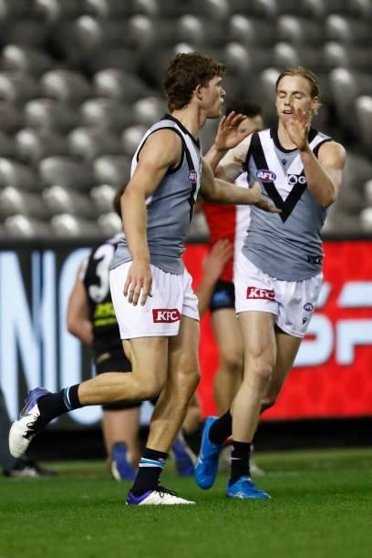 Mitch Georgiades of the Power celebrates a goal during the round 18 AFL match between St Kilda Saints and Port Adelaide Power at Marvel Stadium on...