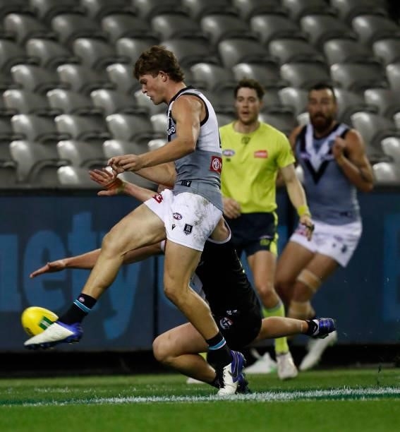 Mitch Georgiades of the Power kicks a goal during the round 18 AFL match between St Kilda Saints and Port Adelaide Power at Marvel Stadium on July...