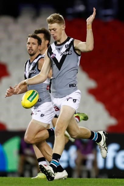 Todd Marshall of the Power kicks the ball during the round 18 AFL match between St Kilda Saints and Port Adelaide Power at Marvel Stadium on July 17,...