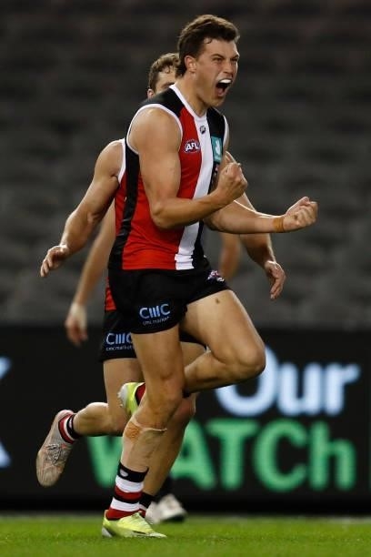 Rowan Marshall of the Saints celebrates a goal during the round 18 AFL match between St Kilda Saints and Port Adelaide Power at Marvel Stadium on...