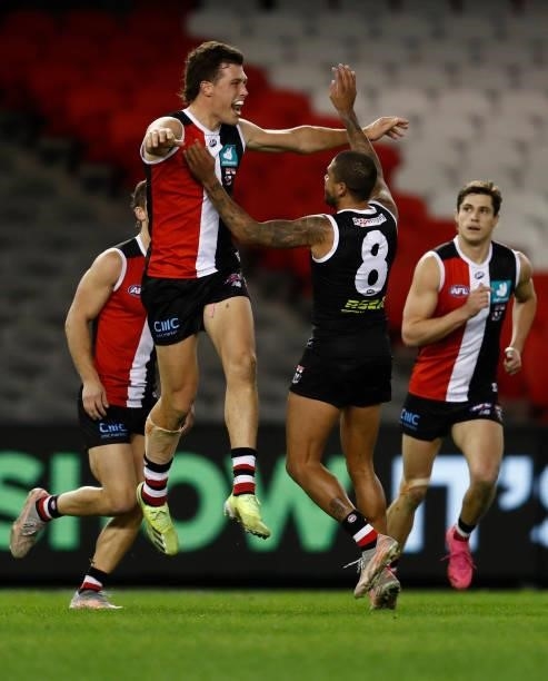 Rowan Marshall of the Saints celebrates a goal during the round 18 AFL match between St Kilda Saints and Port Adelaide Power at Marvel Stadium on...