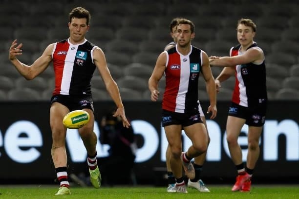 Rowan Marshall of the Saints kicks a goal during the round 18 AFL match between St Kilda Saints and Port Adelaide Power at Marvel Stadium on July 17,...