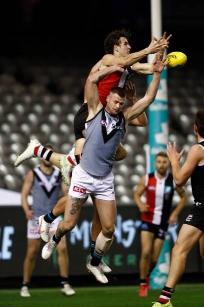 Max King of the Saints attempts to mark the ball during the round 18 AFL match between St Kilda Saints and Port Adelaide Power at Marvel Stadium on...