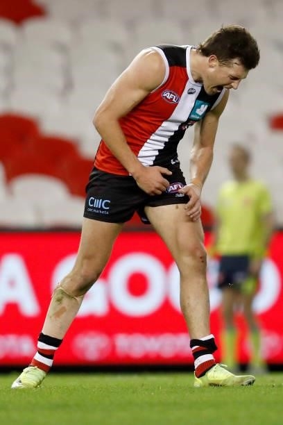 Rowan Marshall of the Saints reacts after missing a goal during the round 18 AFL match between St Kilda Saints and Port Adelaide Power at Marvel...
