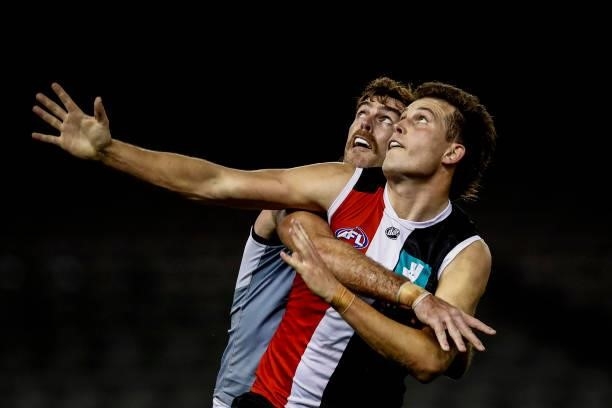 Scott Lycett of the Power and Rowan Marshall of the Saints compete in the ruck during the round 18 AFL match between St Kilda Saints and Port...