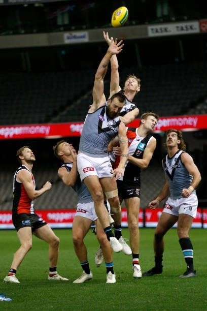Todd Marshall of the Power spoils the ball during the round 18 AFL match between St Kilda Saints and Port Adelaide Power at Marvel Stadium on July...