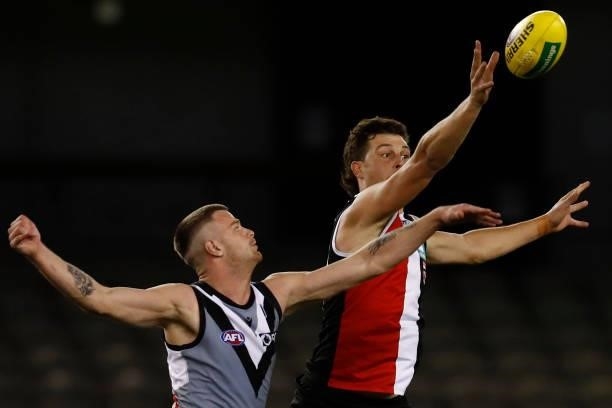 Rowan Marshall of the Saints wins a hit out during the round 18 AFL match between St Kilda Saints and Port Adelaide Power at Marvel Stadium on July...
