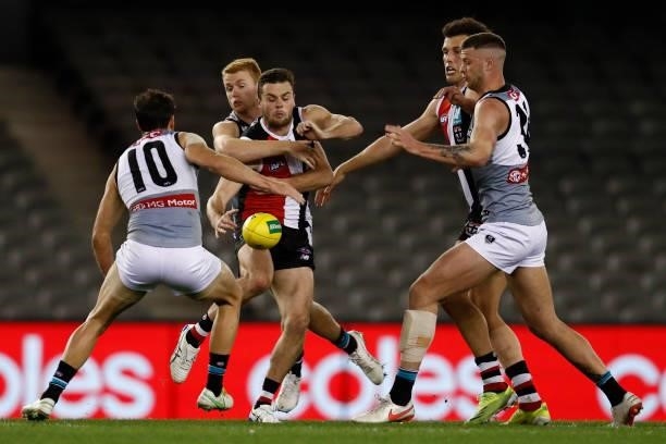 Brad Crouch of the Saints kicks the ball during the round 18 AFL match between St Kilda Saints and Port Adelaide Power at Marvel Stadium on July 17,...