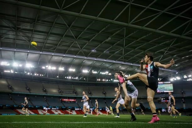 Jack Steele of the Saints kicks the ball during the round 18 AFL match between St Kilda Saints and Port Adelaide Power at Marvel Stadium on July 17,...