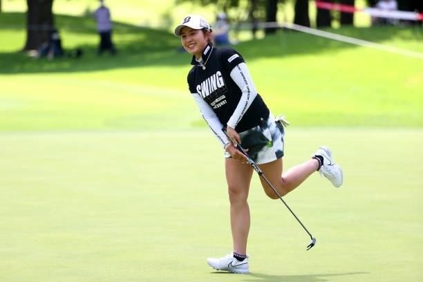 Momoko Osato of Japan reacts after a putt on the 18th green during the second round of the GMO Internet Ladies Samantha Thavasa Global Cup at Eagle...