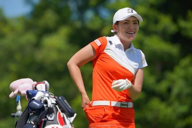 Ayaka Watanabe of Japan smiles on the 14th tee during the second round of the GMO Internet Ladies Samantha Thavasa Global Cup at Eagle Point Golf...