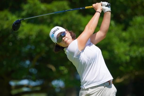 Min-young Lee of South Korea hits her tee shot on the 14th hole during the second round of the GMO Internet Ladies Samantha Thavasa Global Cup at...