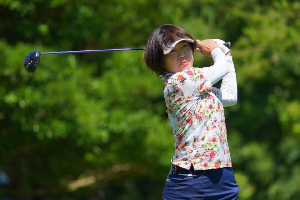 Shiho Oyama of Japan hits her tee shot on the 14th hole during the second round of the GMO Internet Ladies Samantha Thavasa Global Cup at Eagle Point...