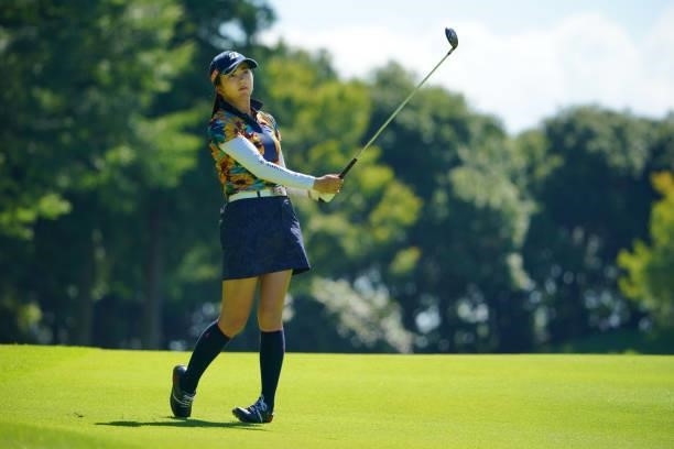 Kotone Hori of Japan hits her second shot on the 15th hole during the second round of the GMO Internet Ladies Samantha Thavasa Global Cup at Eagle...