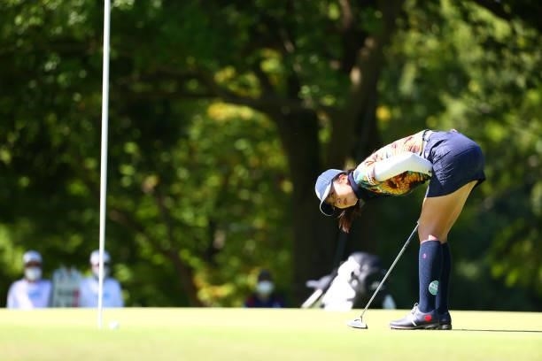 Kotone Hori of Japan reacts after a putt on the 15th green during the second round of the GMO Internet Ladies Samantha Thavasa Global Cup at Eagle...