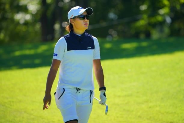 Mao Nozawa of Japan reacts after her second shot on the 15th hole during the second round of the GMO Internet Ladies Samantha Thavasa Global Cup at...
