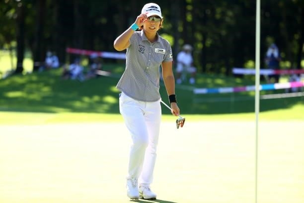 Lala Anai of Japan acknowledges fans after holing out with the birdie on the 18th green during the second round of the GMO Internet Ladies Samantha...