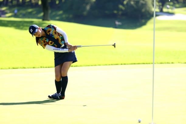 Kotone Hori of Japan reacts after a putt on the 18th green during the second round of the GMO Internet Ladies Samantha Thavasa Global Cup at Eagle...