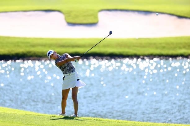 Chae-young Yoon of South Korea hits her second shot on the 18th hole during the second round of the GMO Internet Ladies Samantha Thavasa Global Cup...