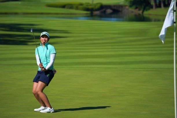 Maiko Wakabayashi of Japan reacts after a putt on the 17th green during the second round of the GMO Internet Ladies Samantha Thavasa Global Cup at...