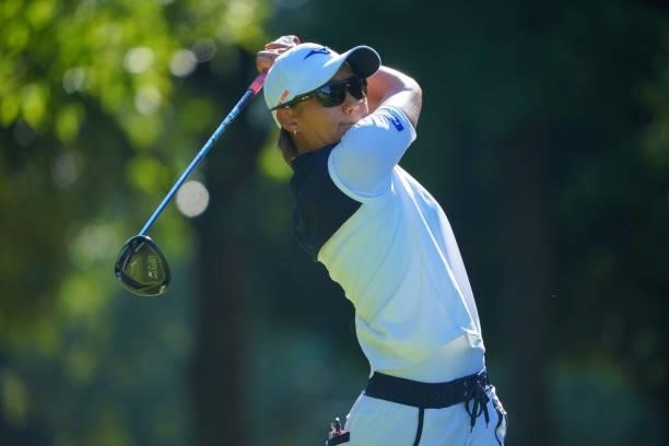 Mao Nozawa of Japan hits her tee shot on the 18th hole during the second round of the GMO Internet Ladies Samantha Thavasa Global Cup at Eagle Point...