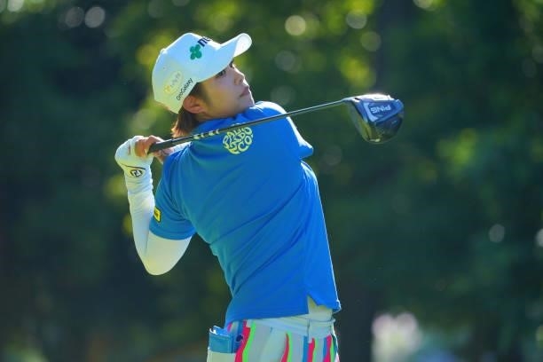 Mayu Hamada of Japan hits her tee shot on the 18th hole during the second round of the GMO Internet Ladies Samantha Thavasa Global Cup at Eagle Point...