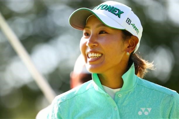 Maiko Wakabayashi of Japan smiles after holing out on the 18th green during the second round of the GMO Internet Ladies Samantha Thavasa Global Cup...