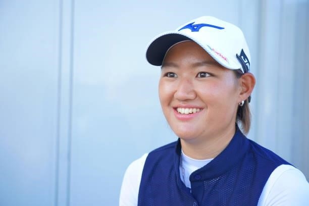 Mao Nozawa of Japan poses for photographs after the second round of the GMO Internet Ladies Samantha Thavasa Global Cup at Eagle Point Golf Club on...