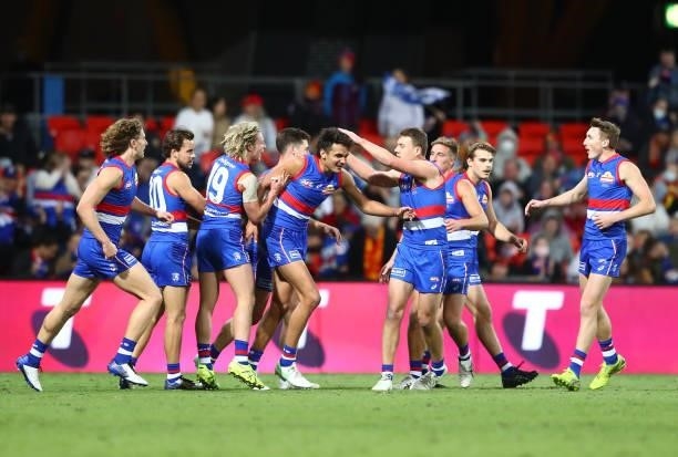 Jamarra Ugle-Hagan of the Bulldogs during the round 18 AFL match between Gold Coast Suns and Western Bulldogs at Metricon Stadium on July 17, 2021 in...