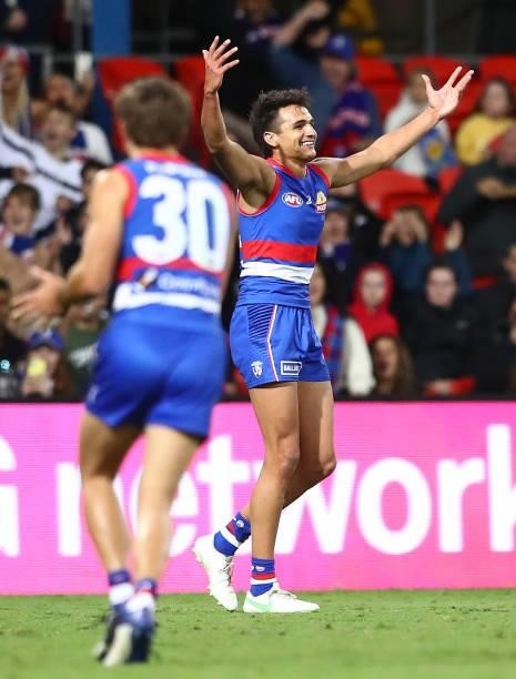 Jamarra Ugle-Hagan of the Bulldogs during the round 18 AFL match between Gold Coast Suns and Western Bulldogs at Metricon Stadium on July 17, 2021 in...