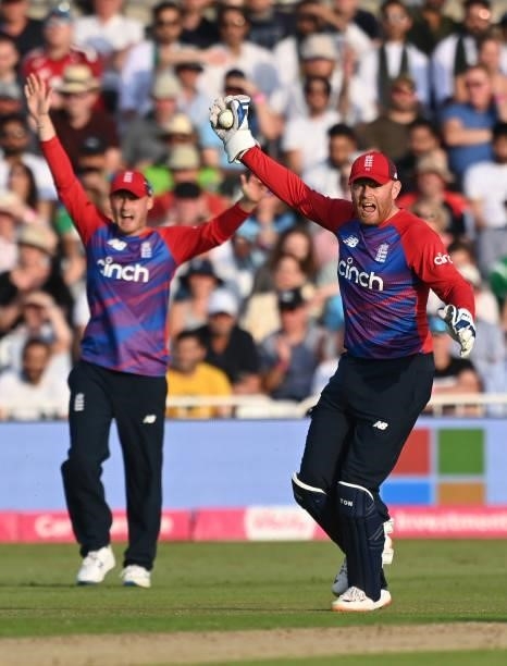 Jonny Bairstow of England appeals the wicket of Babar Azam of Pakistan during the first Vitality International T20 match between England and Pakistan...