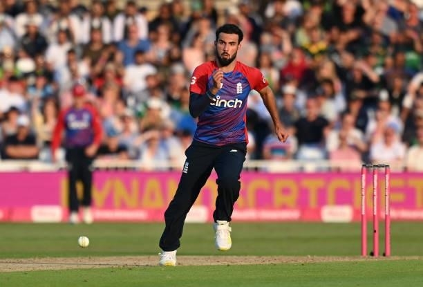 Saqib Mahmood of England during the first Vitality International T20 match between England and Pakistan at Trent Bridge on July 16, 2021 in...