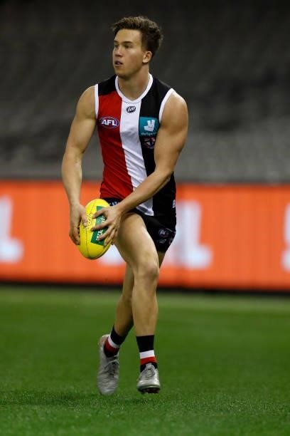Jack Bytel of the Saints runs with the ball during the round 18 AFL match between St Kilda Saints and Port Adelaide Power at Marvel Stadium on July...