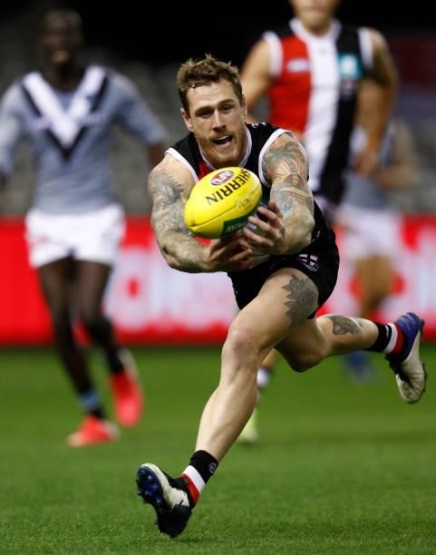 Tim Membrey of the Saints lunges for the ball during the round 18 AFL match between St Kilda Saints and Port Adelaide Power at Marvel Stadium on July...
