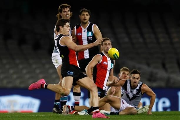 Jack Steele of the Saints kicks the ball during the round 18 AFL match between St Kilda Saints and Port Adelaide Power at Marvel Stadium on July 17,...