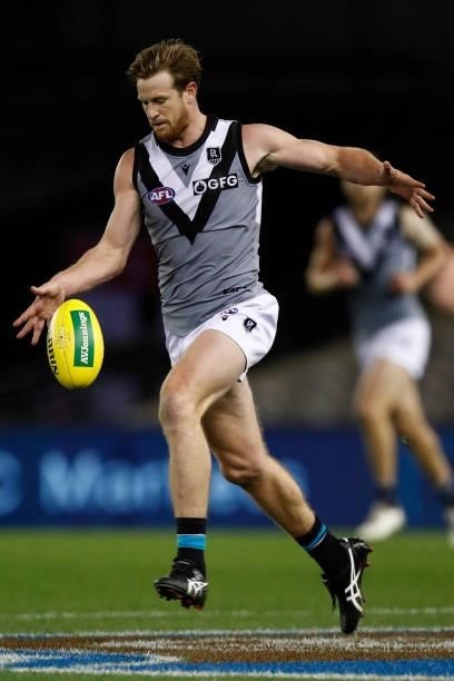 Tom Jonas of the Power kicks the ball during the round 18 AFL match between St Kilda Saints and Port Adelaide Power at Marvel Stadium on July 17,...