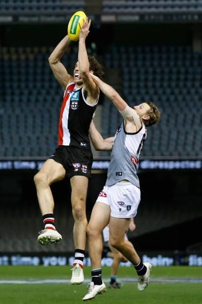 Max King of the Saints marks the ball during the round 18 AFL match between St Kilda Saints and Port Adelaide Power at Marvel Stadium on July 17,...