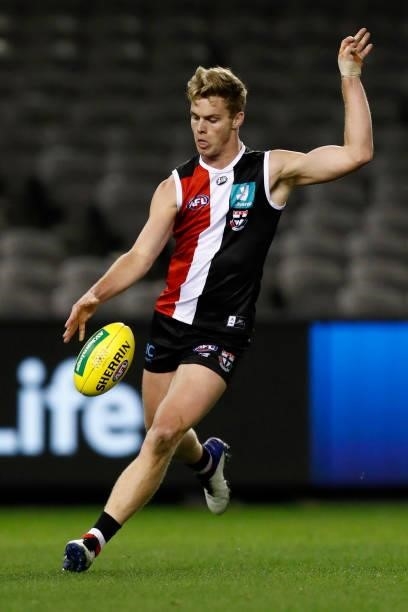 Thomas Highmore of the Saints kicks the ball during the round 18 AFL match between St Kilda Saints and Port Adelaide Power at Marvel Stadium on July...