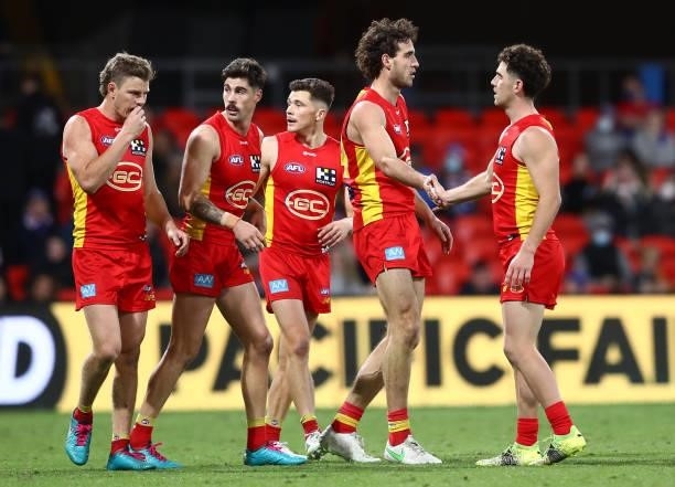 Ben King of the Suns celebrates after scoring a goal during the round 18 AFL match between Gold Coast Suns and Western Bulldogs at Metricon Stadium...
