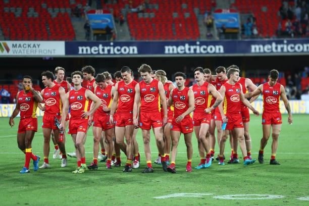 The Suns are seen after they were defeated by the Bulldogs during the round 18 AFL match between Gold Coast Suns and Western Bulldogs at Metricon...