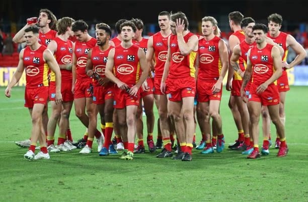 The Suns are seen after they were defeated by the Bulldogs during the round 18 AFL match between Gold Coast Suns and Western Bulldogs at Metricon...