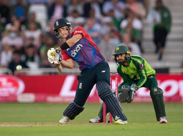 Liam Livingstone of England batting with Mohammad Rizwan wicket keeper during the 1st T20I between England and Pakistan at Trent Bridge on July 16,...